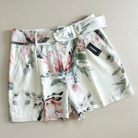 Express Linen Blend White Floral Protea High-Waisted Belted Shorts NWT - Picture 1 of 6